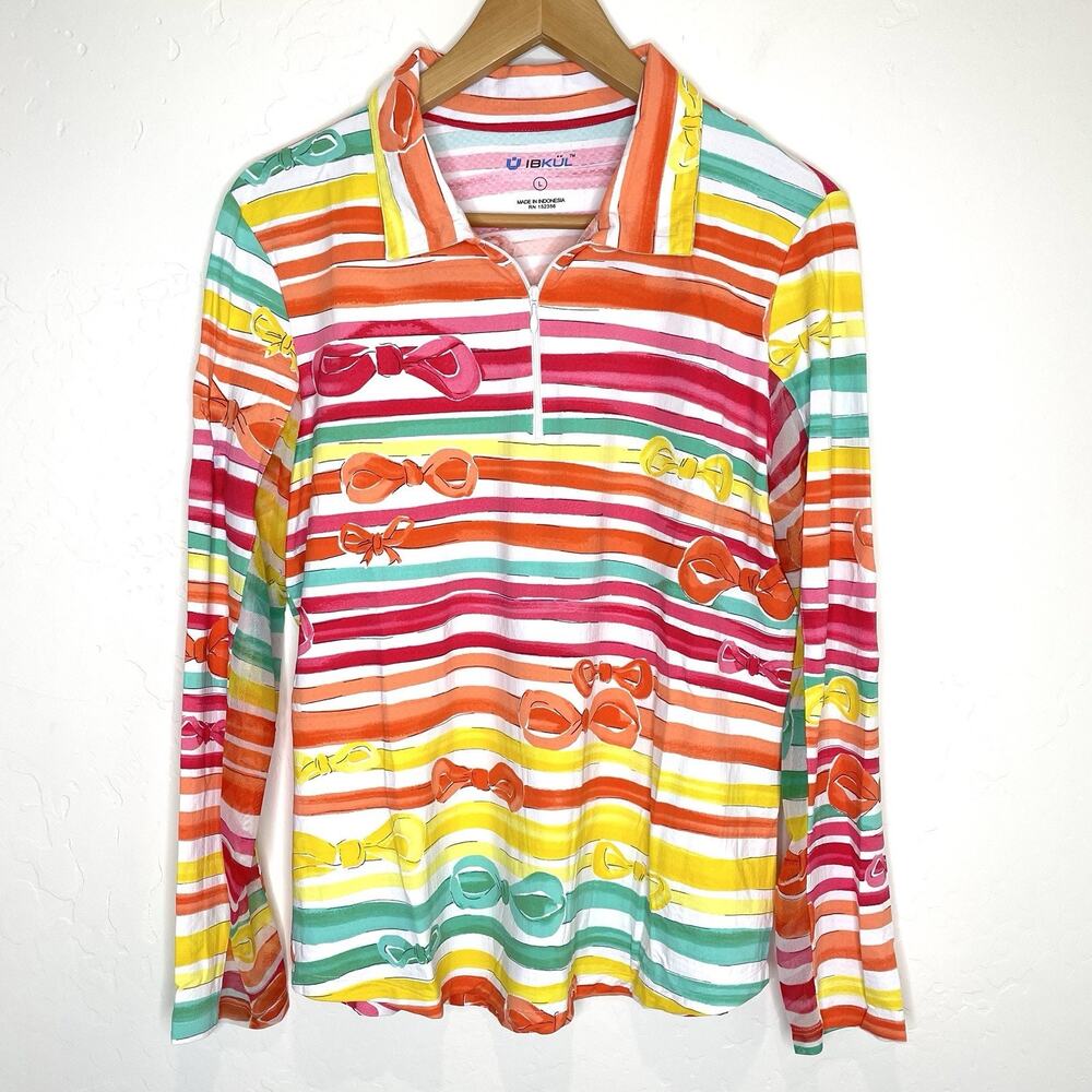 Ibkul Kate Long Sleeve Quarter Zip Performance Shirt Womens Large Bow Stripe